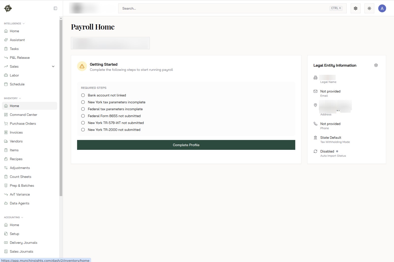 Payroll Home: the required setup checklist and the legal entity information panel