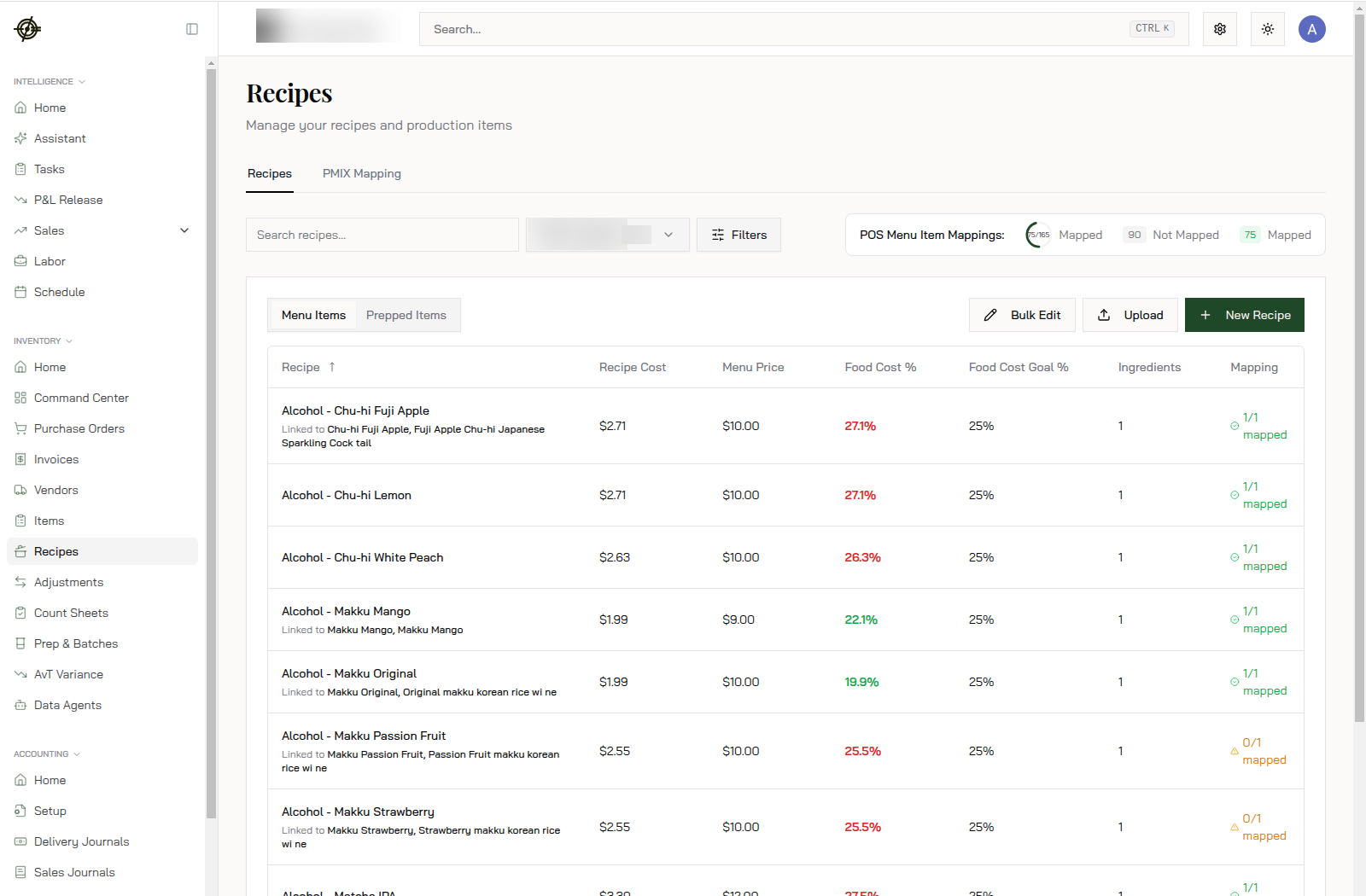Recipes with cost, menu price, food cost percent against goal, and POS mapping status