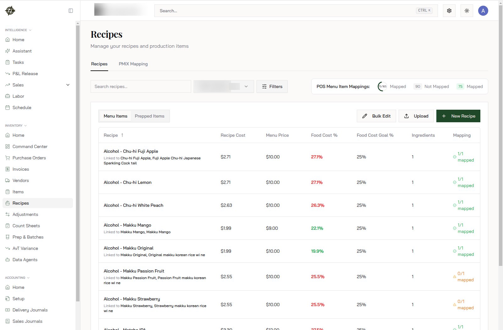 Recipes with cost, menu price, food cost percent against goal, and POS mapping status