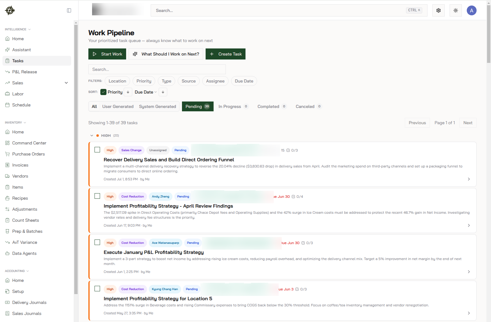 The Work Pipeline: prioritized tasks with owners, due dates, and the data behind each one