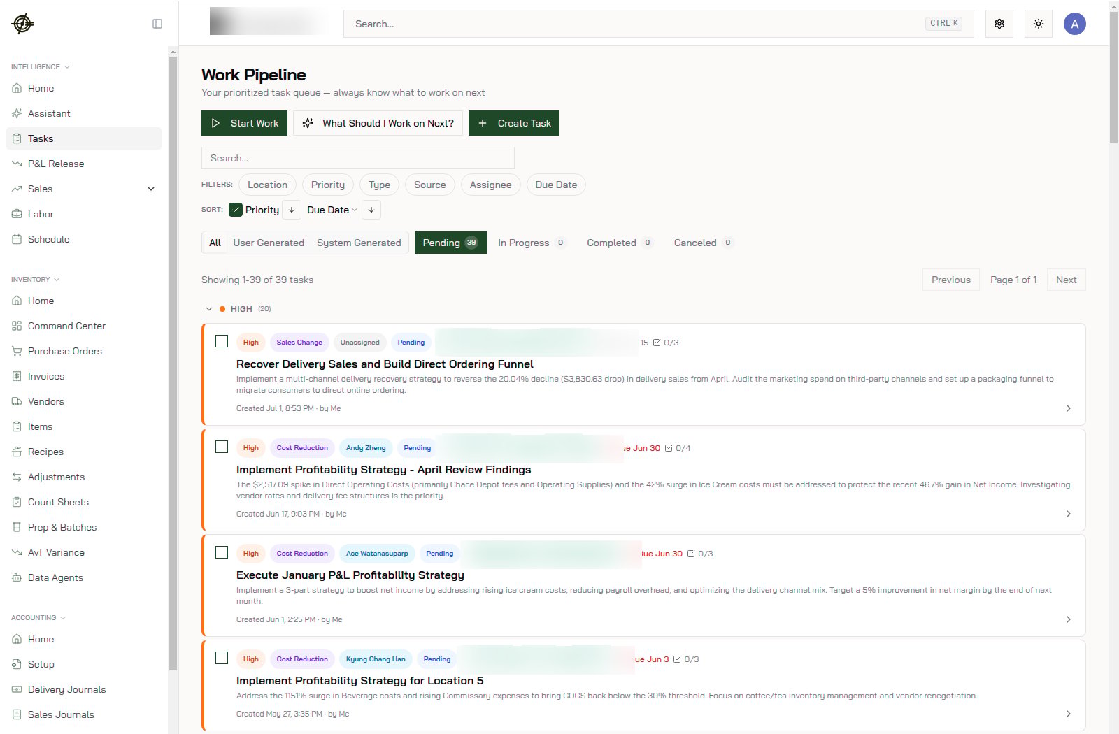 The Work Pipeline: prioritized tasks with owners, due dates, and the data behind each one