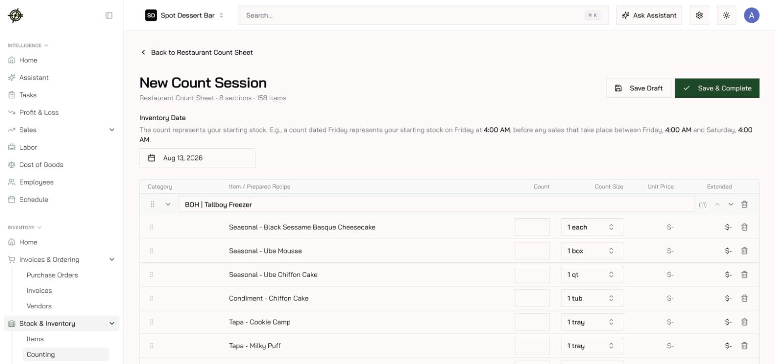 A count session: sections in walk order, count sizes per item, Save Draft / Save & Complete