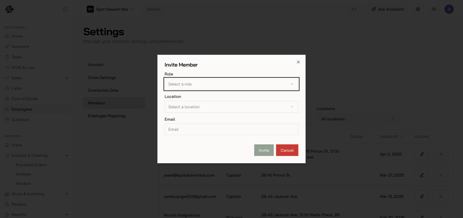 Inviting a member: role, location, email