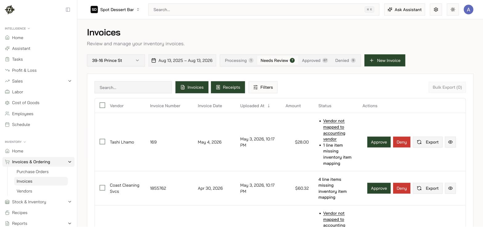 The review queue: status tabs with live counts, and export blockers named per invoice