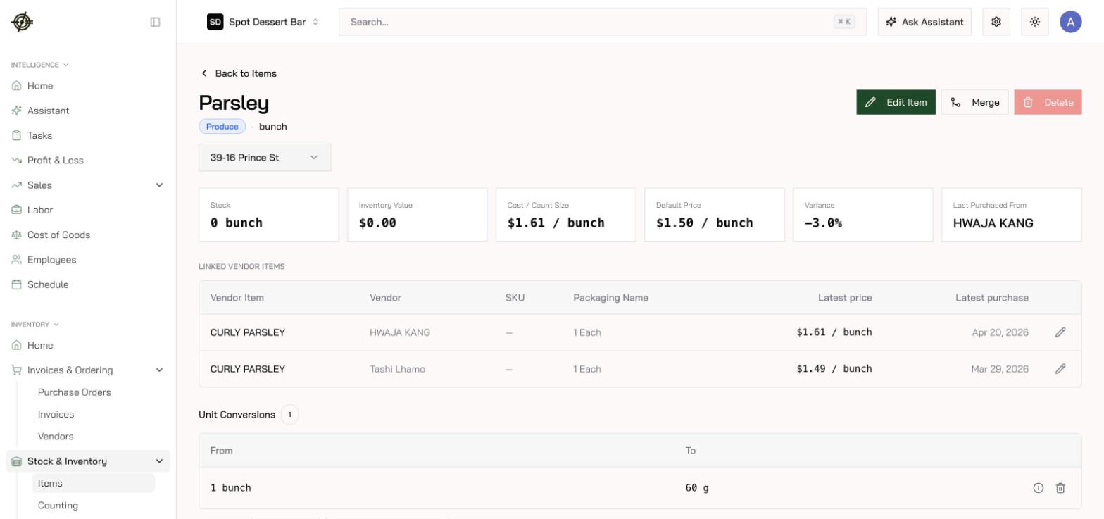 An item's detail page: cost, vendor links, and unit conversions