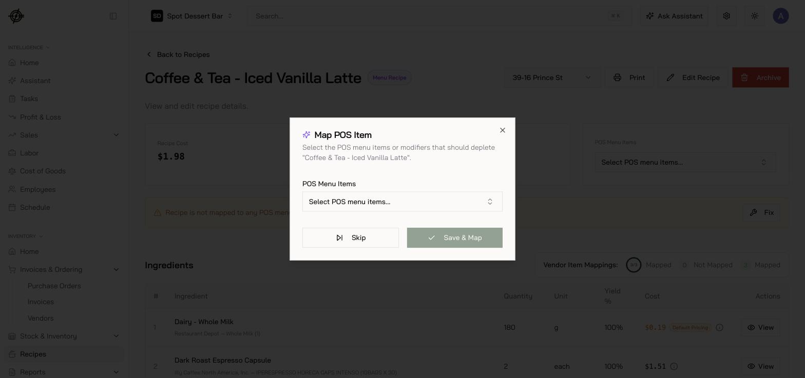 Mapping a recipe to the POS items that deplete it