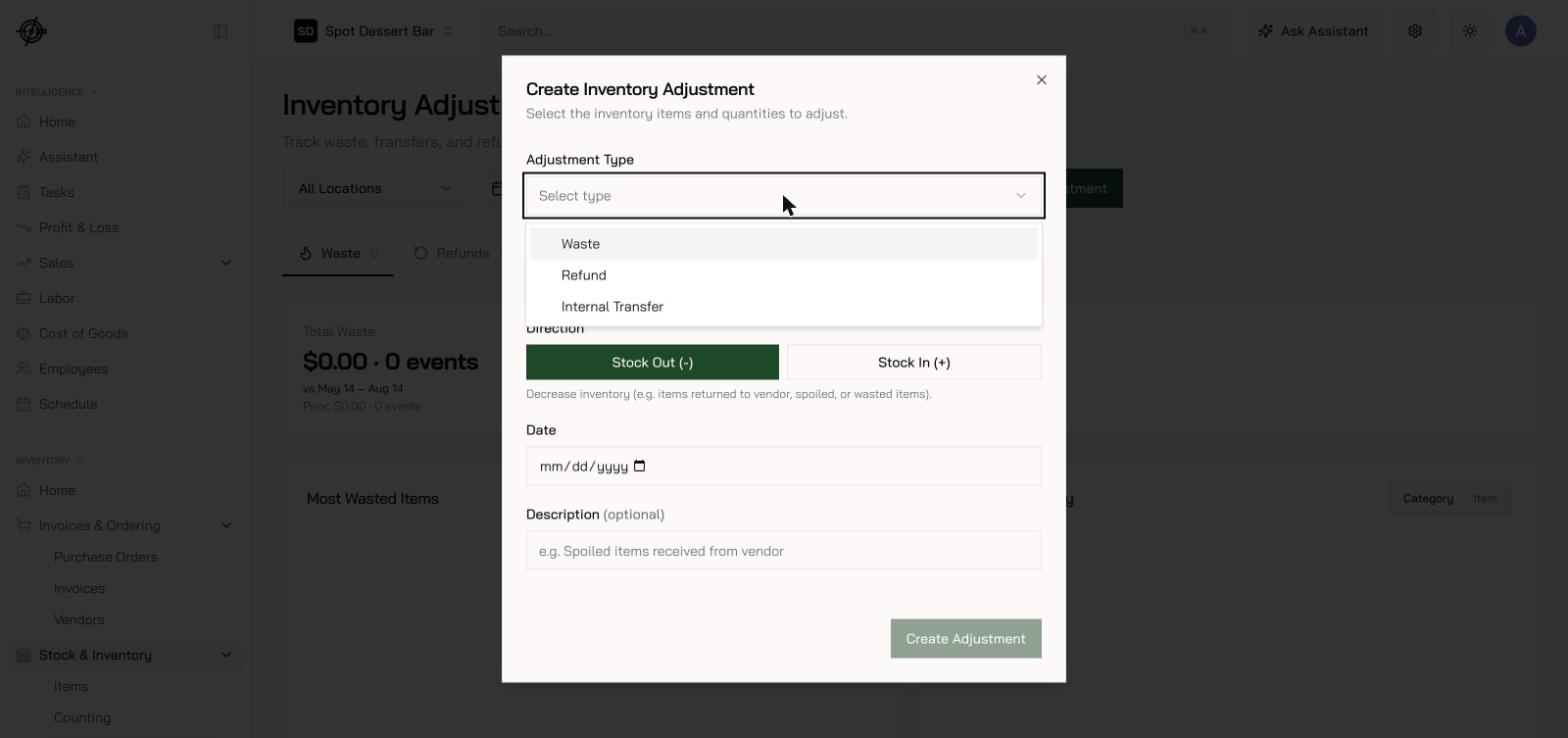 The New Adjustment dialog with the three types