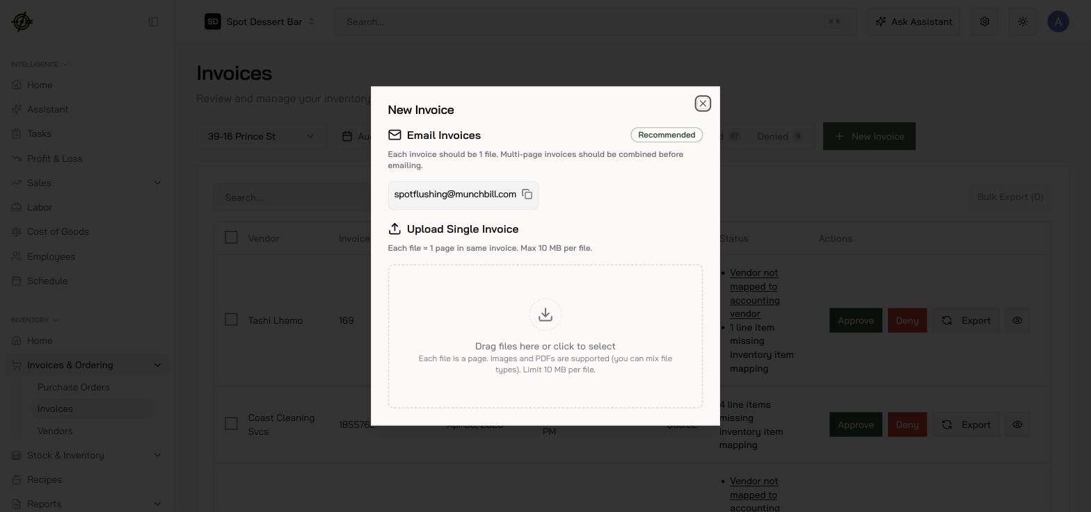 The New Invoice dialog: the location's email address, or drag-and-drop upload