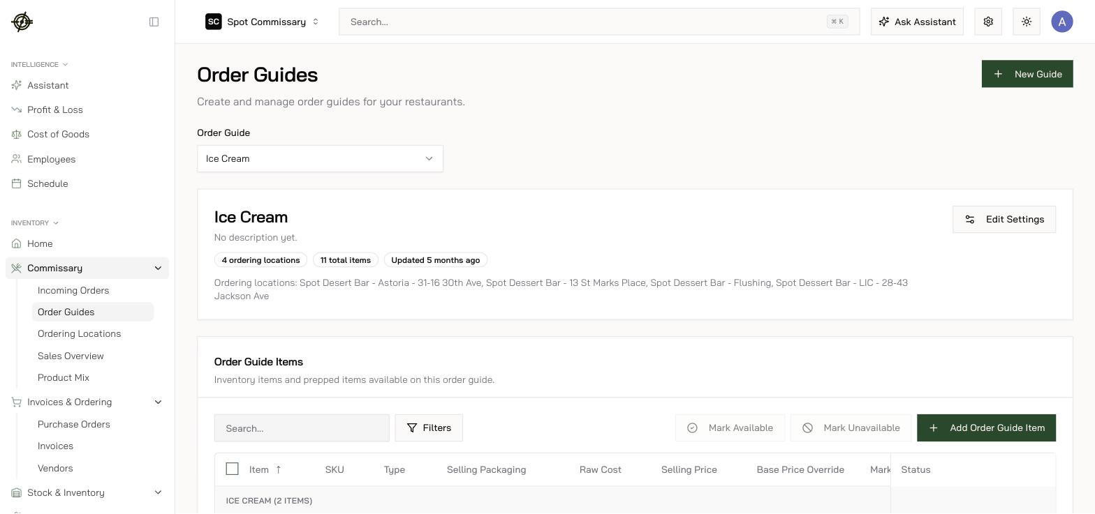An order guide: selling packaging, raw cost, selling price, and override/markup columns