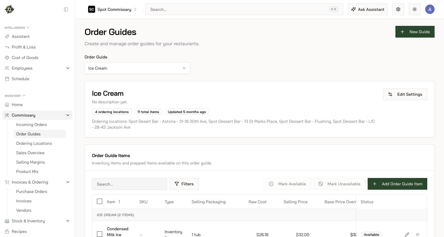 An order guide: selling packaging, raw cost, selling price, and override/markup columns
