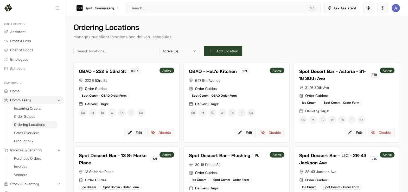 Ordering locations: which stores can order, from which guides, on which days