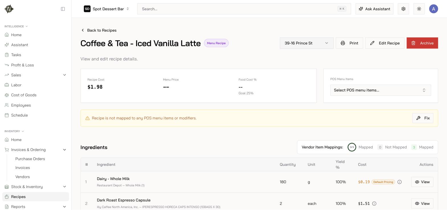 A recipe's detail: cost vs goal, ingredients with vendor mappings, and the unmapped-POS warning