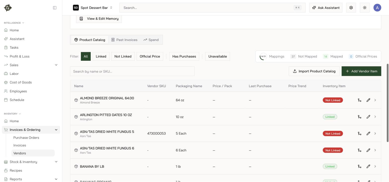 A vendor's Product Catalog: Linked / Not Linked badges and the mappings ring