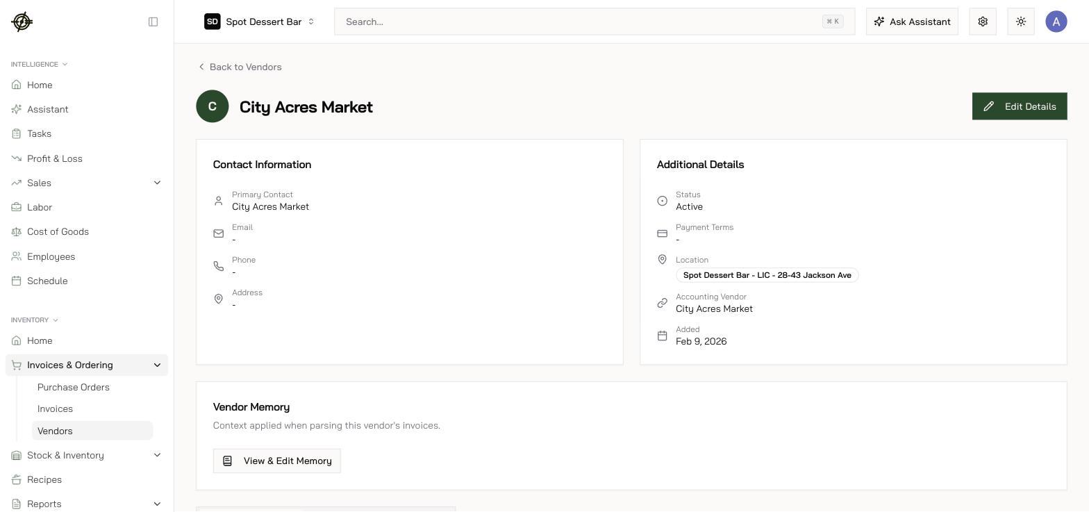 A vendor's page: contact, accounting mapping, and the Vendor Memory card
