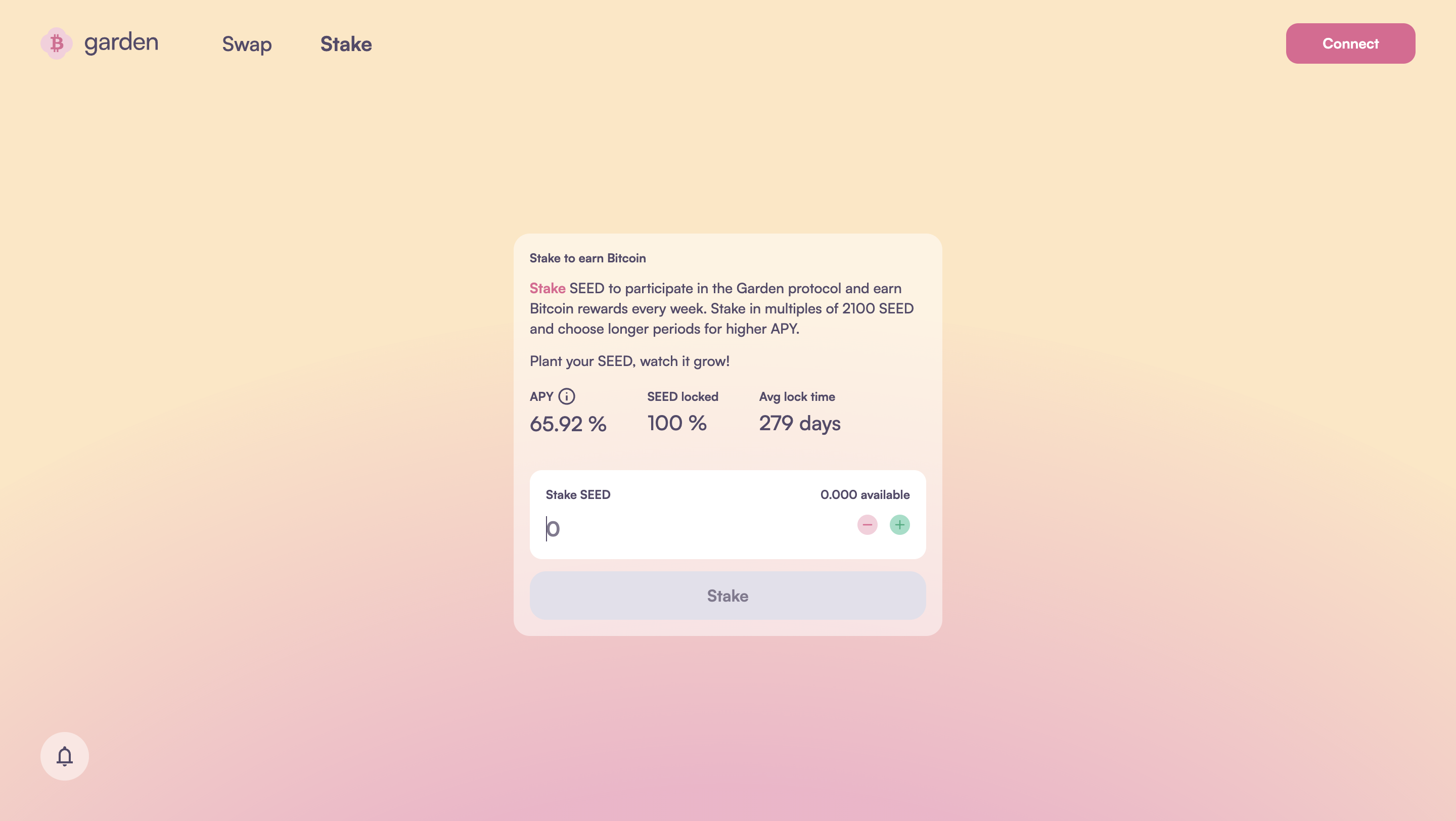 Connect wallet to Garden staking interface