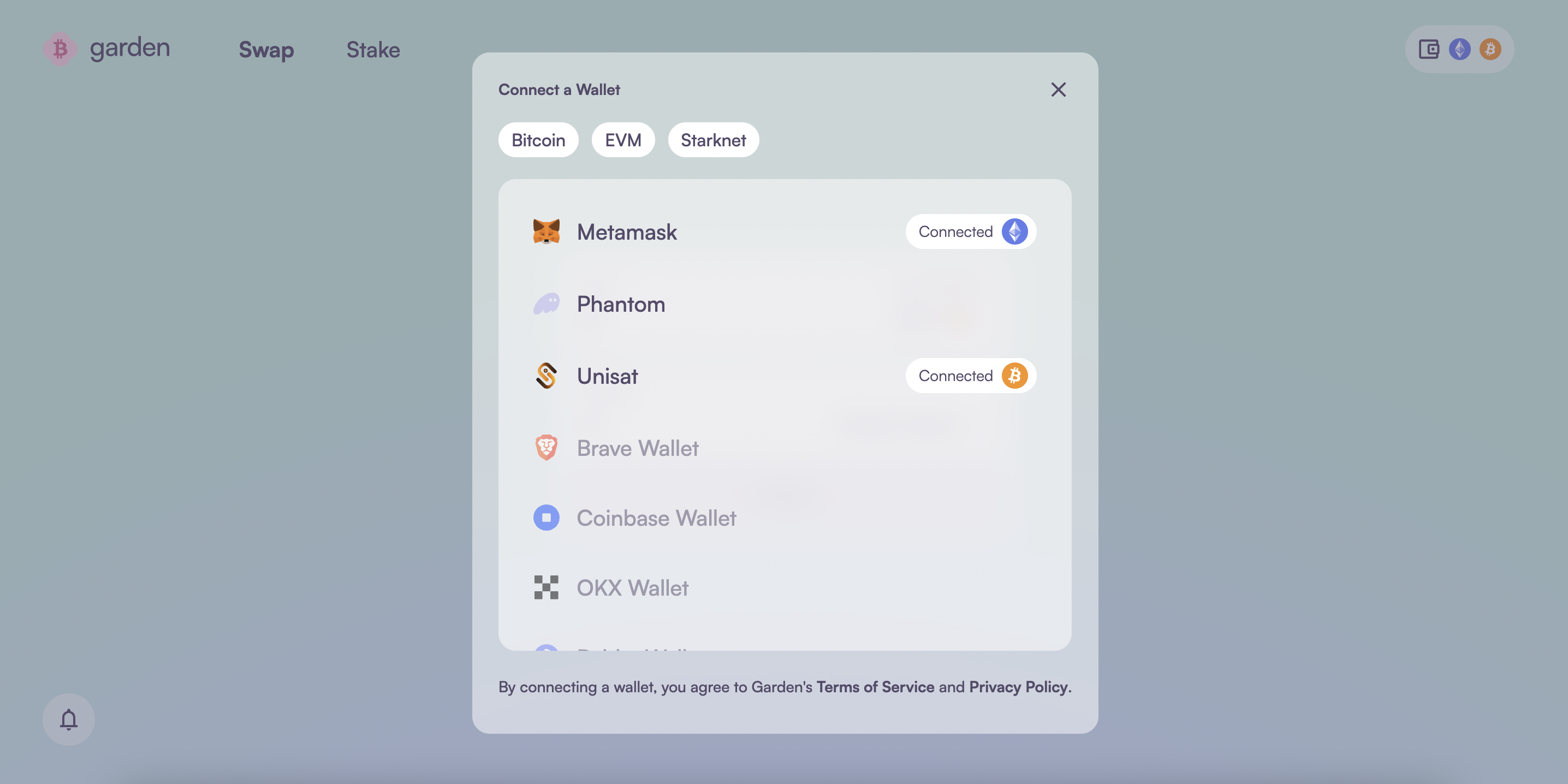 Connect wallets to Garden