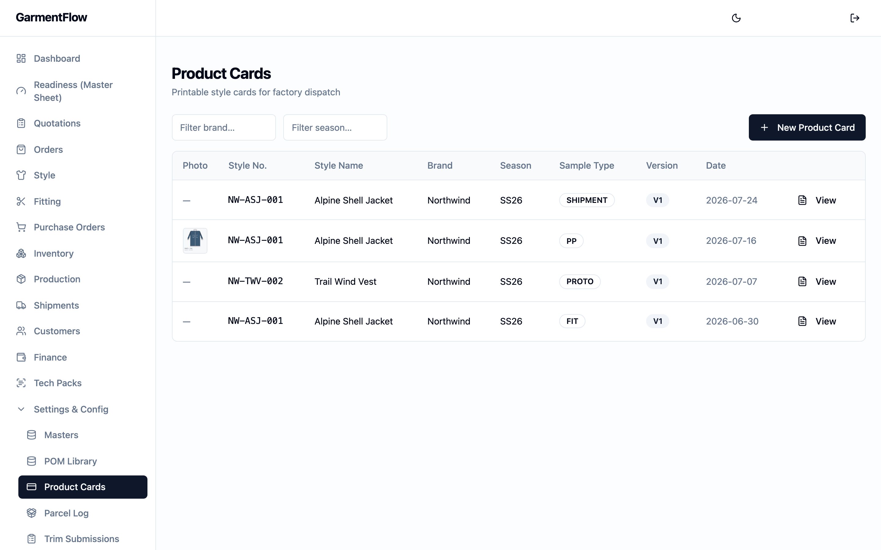 Product Cards module list. A page-wide table of issued sample-tag records — Style No. on the left, then Style Name, Brand, Season, Sample Type (SHIPMENT, PP, PROTO, FIT), Version, and Date. A New Product Card action sits in the top right, with Filter brand and Filter season pickers above the table. The sidebar lists the workspace's main areas, with Product Cards highlighted.