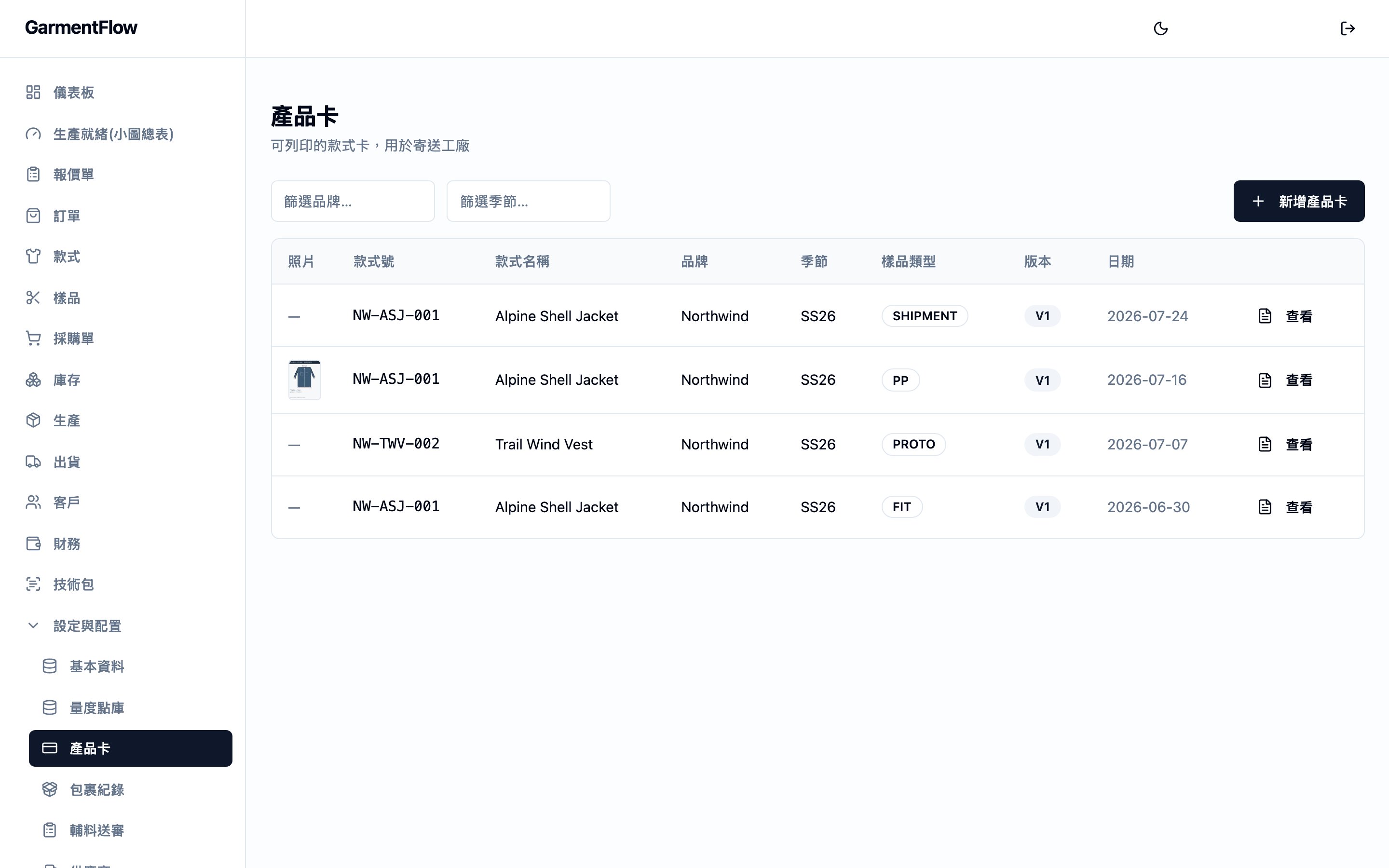 款式卡模組清單。整頁是一張已開立樣品標籤紀錄表——最左為款式編號,接著是款式名稱、品牌、季節、樣品類型(SHIPMENT、PP、PROTO、FIT)、版本與日期。右上角為「新增款式卡」動作,表頭上方則有品牌與季節篩選器。左側側邊欄列出工作區的主要區域,款式卡項目反白。