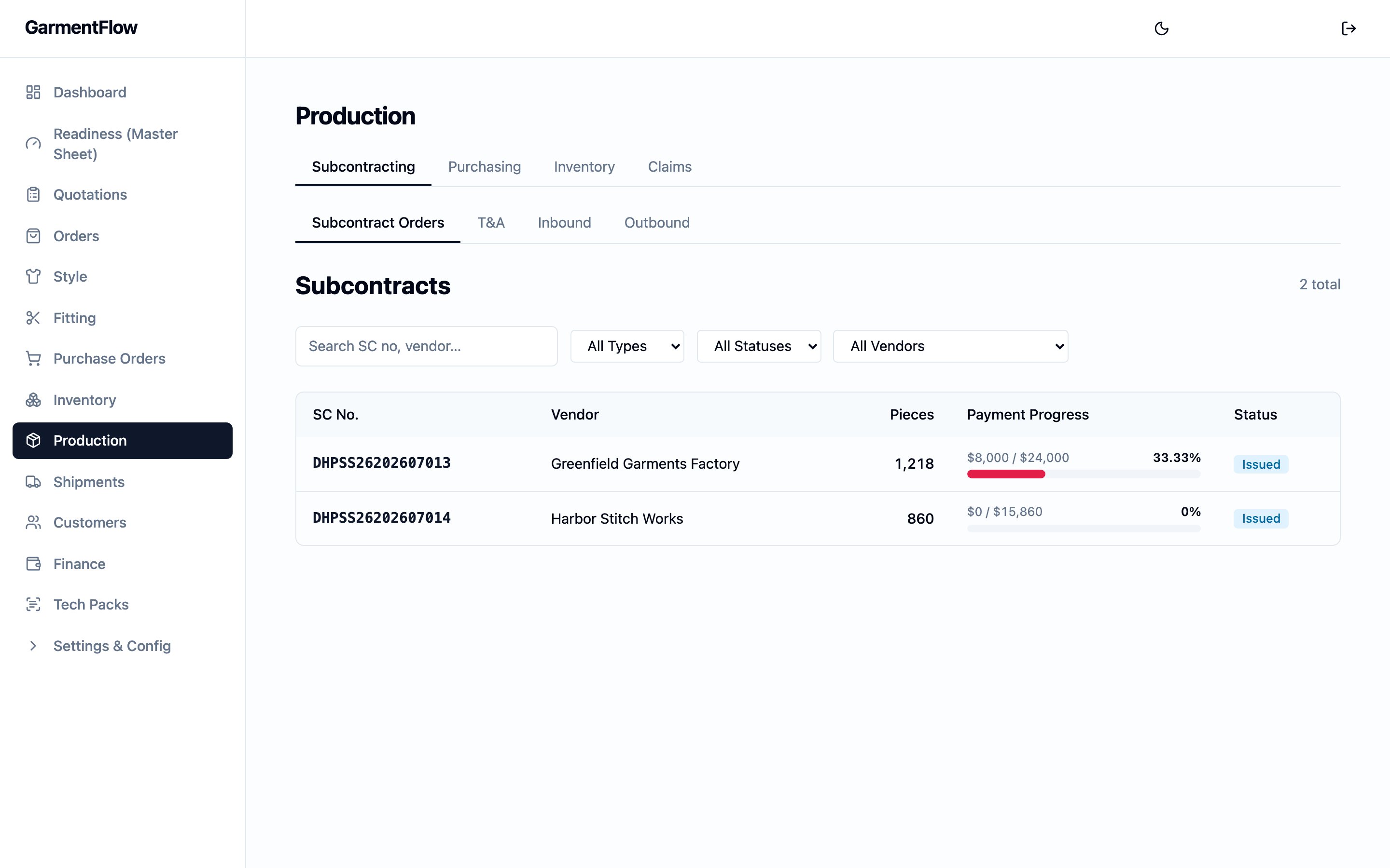 Production hub on the Subcontracting tab. The four module tabs — Subcontracting, Purchasing, Inventory, Claims — run across the top; under them, four Subcontracting sub-tabs — Subcontract Orders, T&A, Inbound, Outbound — pivot the view. A Subcontracts heading sits above a search box and three filters (All Types, All Statuses, All Vendors), with the total count in the top right. The table below lists each factory order with its SC No., Vendor, Pieces, Payment Progress bar showing paid-versus-contract with the percentage to its right, and an Issued status badge.