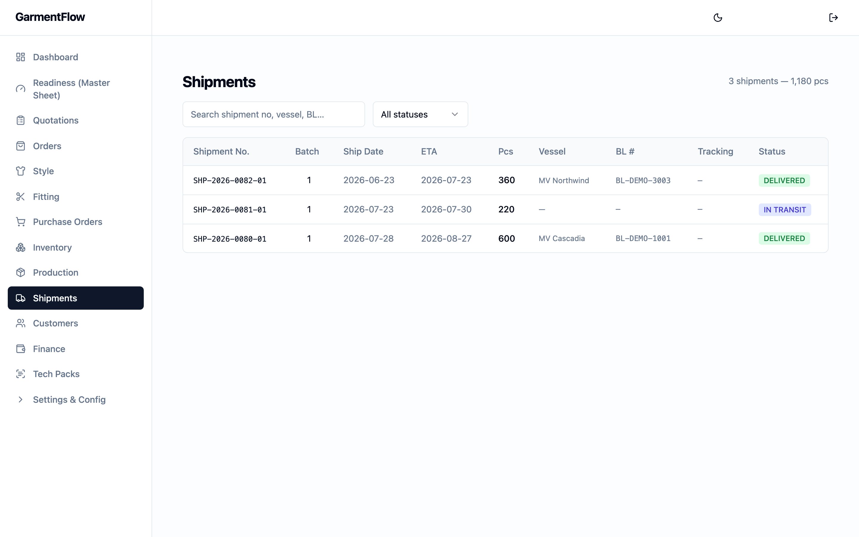 Shipments module list. A page-wide table of commercial shipments — Shipment No., Batch, Ship Date, ETA, Pcs, Vessel, BL #, Tracking, and a Status badge (Delivered or In transit on the rows shown). A search box and a status filter sit across the top, and a count of shipments and total pieces reads in the top right. The sidebar lists the workspace's main areas, with Shipments highlighted.