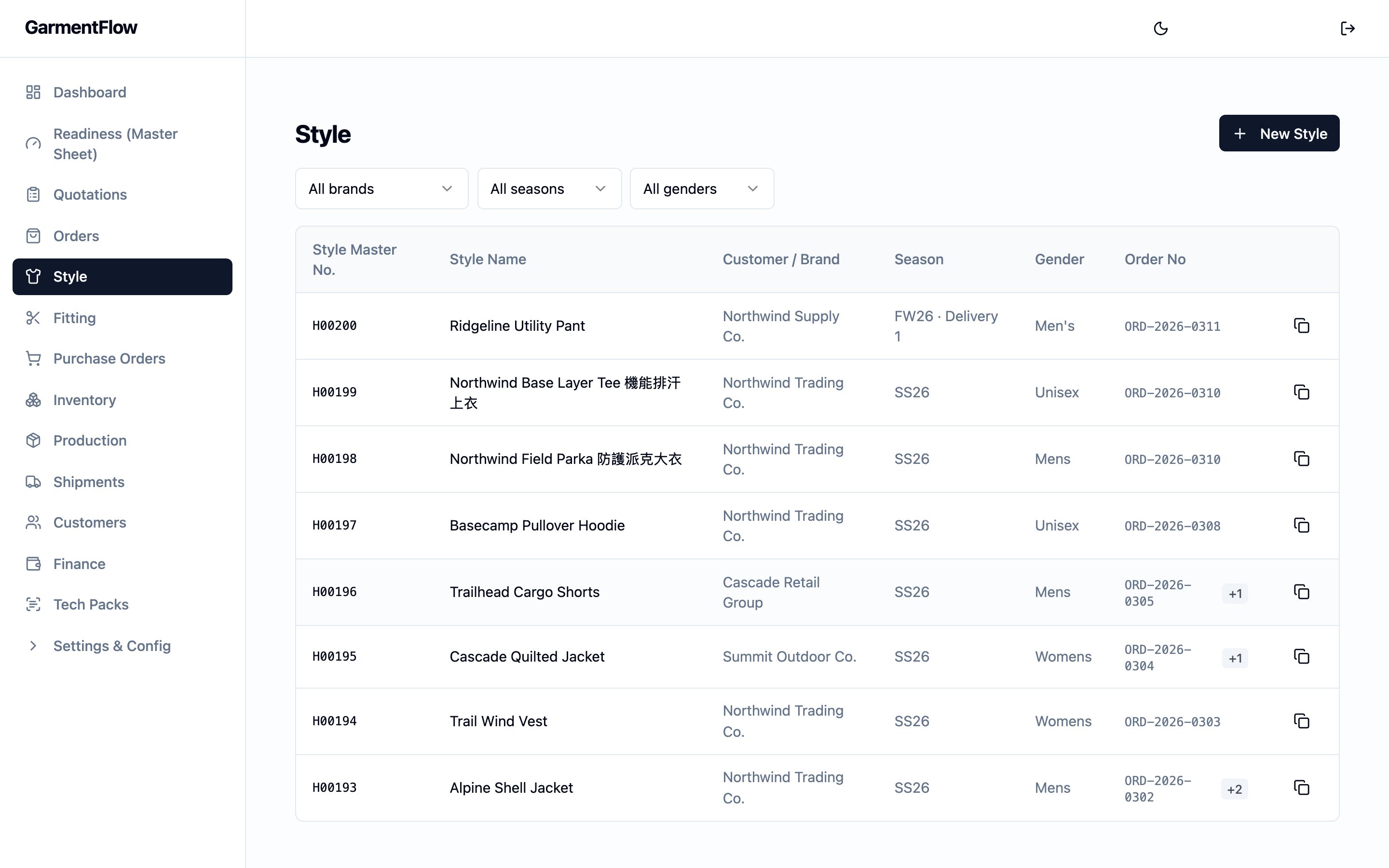 Style module list. A page-wide table of style records — Style Master No. on the left, then Style Name, Customer / Brand, Season, Gender, and Order No. The header carries three quick filters — brands, seasons, and genders — and a New Style action sits in the top right. The sidebar lists the workspace's main areas, with Style highlighted.