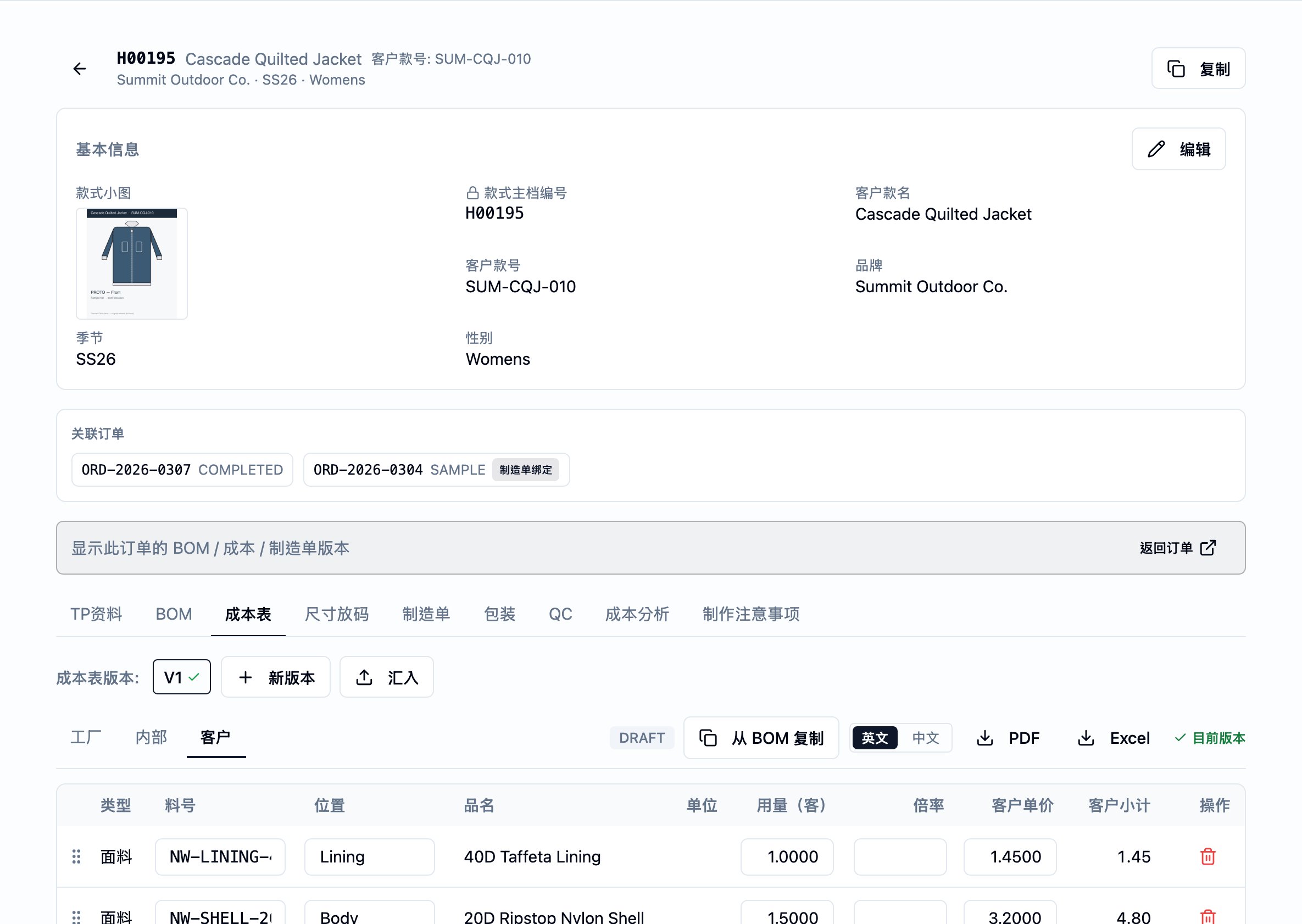 Field Parka 成本表标签页,选择 Customer 对象。右侧为 APPROVED 小标。明细表列为 Type、Item Code、Position、Description、Unit、Usage (C)、Multiplier、Cust. Unit Cost、Cust. Line Cost 与 Actions。列出三条——Fabric NW-SHELL-20D(Body 身片、20D Ripstop Nylon Shell、1.7000、—、3.2000、5.44)、Accessory NW-ZIP-CF(Center Front 前中、YKK #5 Coil Zipper、1.0000、—、0.4500、0.45)与 CM(Cut-make labour 车缝工缴、10.5000)——并显示 Grand Total 5.89。其下接连为 CM(Customer)与 Misc(Customer)子卡。页尾显示 Factory: APPROVED Reject、Internal: APPROVED Reject、Customer: APPROVED Reject。