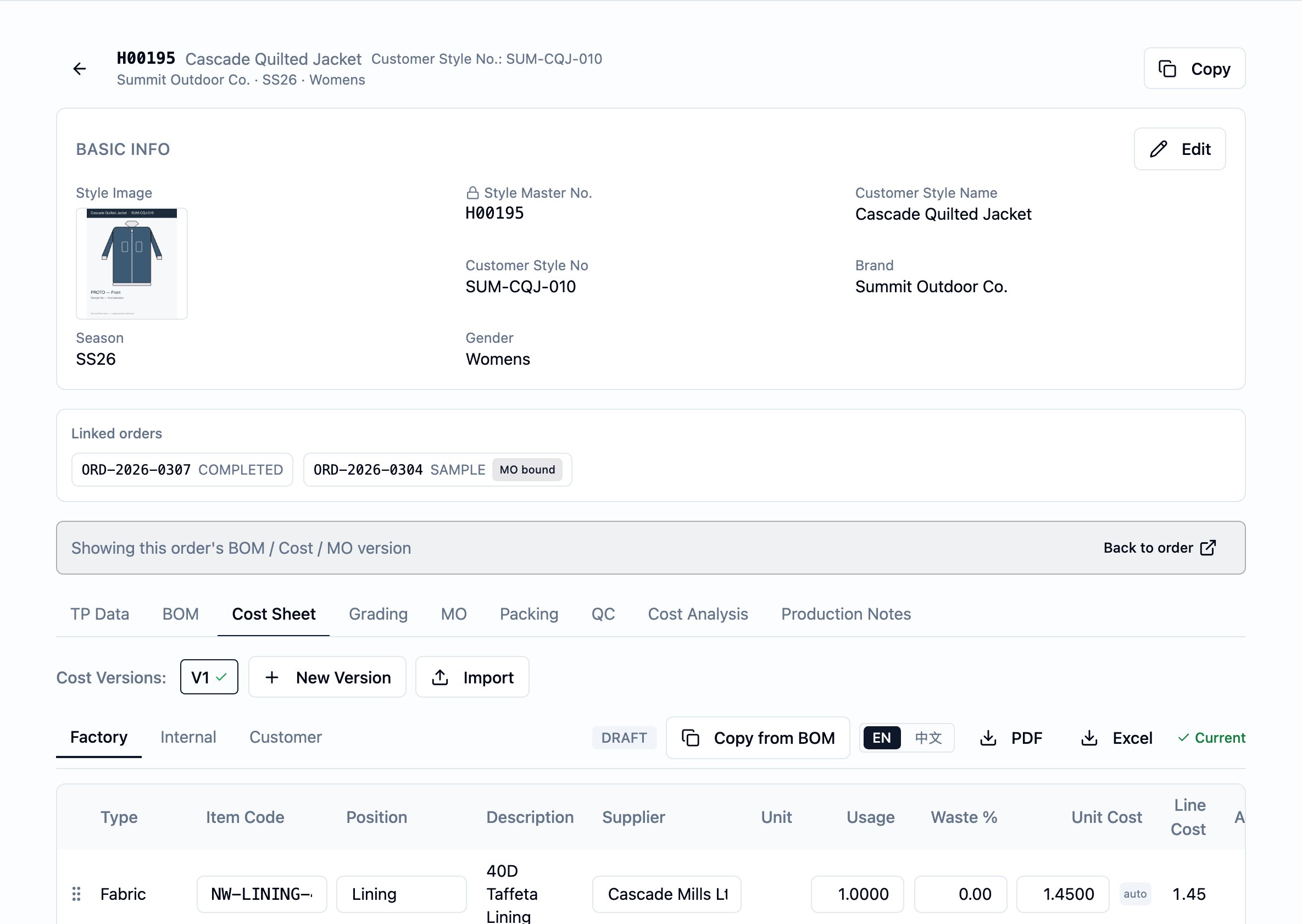 Cost Sheet tab on the workflow approved-side style (H00104 Northwind Field Parka 防護派克大衣, Customer Style No. NW-WF-PARKA), Factory audience selected. The Cost Versions row shows V1 (checkmark) selected, plus New Version and Import actions. A Factory (active) / Customer / Internal strip with an APPROVED pill, EN / 中文 toggle, PDF, Excel, and ✓ Current sits on top of the line table. The factory-side line table carries columns Type, Item Code, Position, Description, Supplier, Unit, Purchase Unit, Usage, Waste %, and Unit Cost. Three lines are listed — Fabric NW-SHELL-20D (Body 身片, 20D Ripstop Nylon Shell, Cascade Mills Ltd., 1.7000 / 3.2000), Accessory NW-ZIP-CF (Center Front 前中, YKK #5 Coil Zipper, Summit Trims Co., 1.0000 / 0.4500), and CM (Cut-make labour 車縫工繳, 7.2000) — with a Grand Total row. CM and Misc Factory sub-cards follow. The footer reads Factory: APPROVED Reject, Internal: APPROVED Reject, Customer: APPROVED Reject.