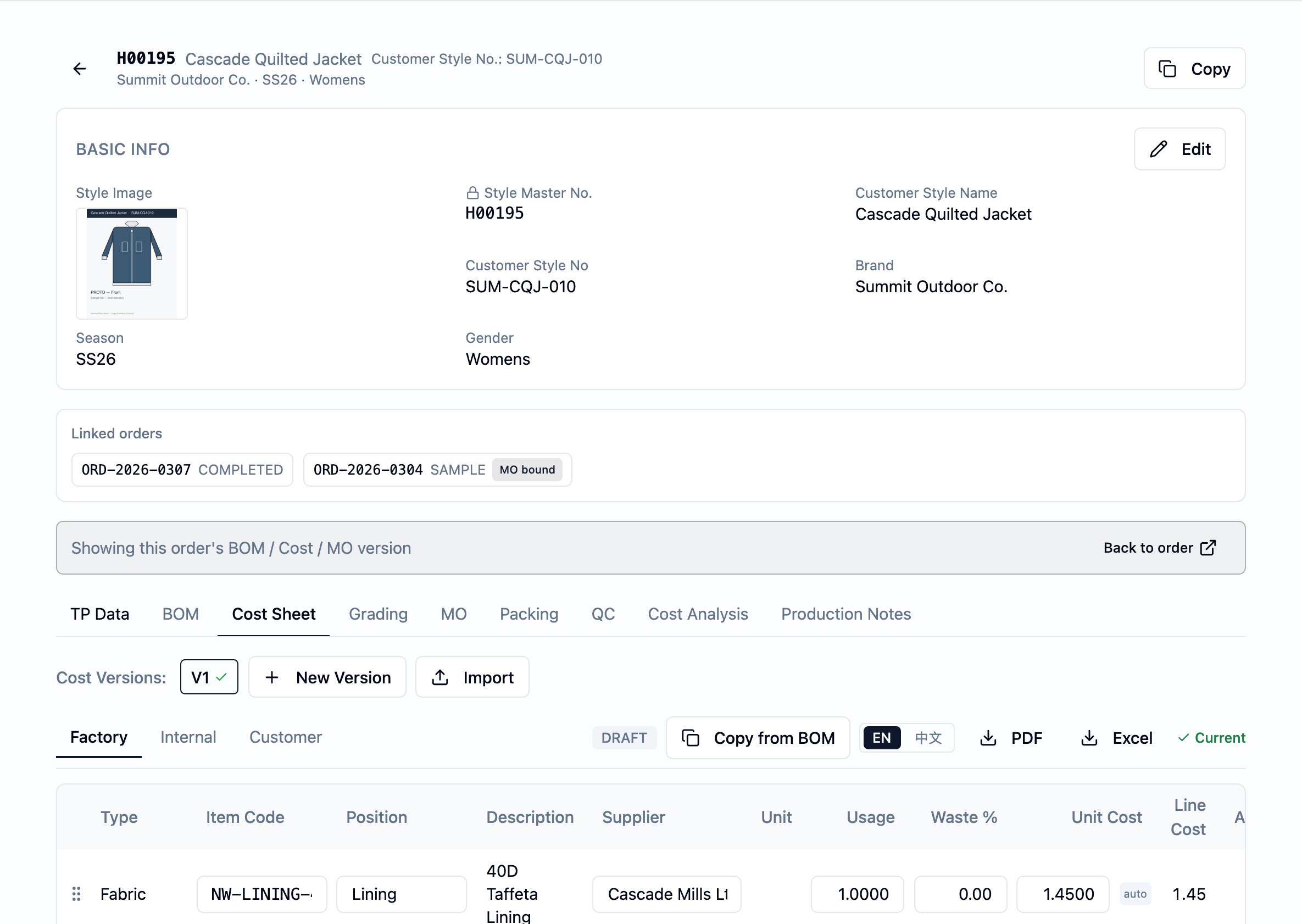 Cost Sheet tab on the workflow draft-side style (H00105 Northwind Base Layer Tee, Customer Style No. NW-WF-TEE). The artifact tab strip shows Cost Sheet active. A Cost Versions row carries V1 (checkmark, selected), New Version, and Import actions. A Factory (active) / Customer / Internal audience strip sits below; a DRAFT pill, Copy from BOM, EN / 中文 toggle, PDF, Excel, and a green ✓ Current label sit on the right. The line table lists three lines — NW-SHELL-2… (Fabric, Body 身片, 20D Ripstop Nylon Shell, Cascade Mills Ltd., 1.7000 / 0.00 / 3.2000), NW-ZIP-CF (Accessory, Center Front 前中, YKK #5 Coil Zipper, Summit Trims Co., 1.0000 / 0.00 / 0.4500), and a CM line (Cut-make labour 車縫工繳 (draft estimate), 5.4000) — with a Grand Total. CM (Factory) and Misc (Factory) sub-cards follow. The Add Line row sits below. A bottom footer reads Customer: PENDING Approve Reject, Factory: PENDING Approve Reject, Internal: PENDING Approve Reject.