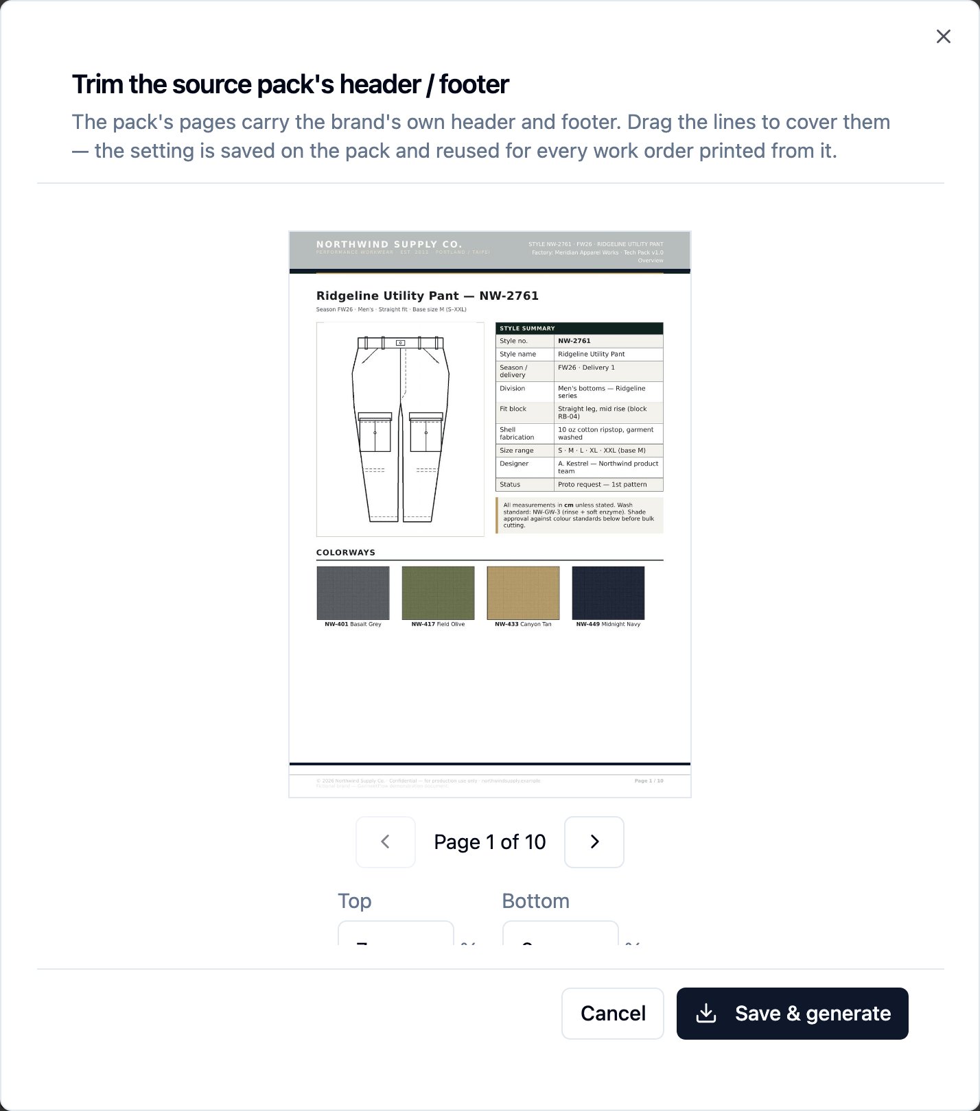 A modal dialog titled Trim the source pack's header / footer, with a note explaining the pack's pages carry the brand's own header and footer and the trim setting is saved on the pack and reused for every work order printed from it. The dialog's body shows a live preview of page 1 of the pack — the Ridgeline Utility Pant NW-2761 cover — with the brand's header band across the top and footer band across the bottom. A Page 1 of 10 switcher sits below the preview, and Top / Bottom percentage fields sit below that. A Cancel and a Save & generate button sit in the footer.