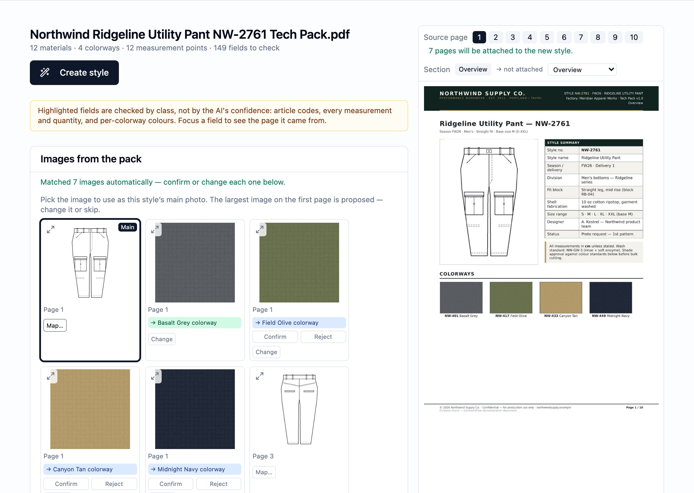 The tech-pack review screen. The pack's own page renders sit on the right in a scrollable column with a page strip 1–10 at the top and a Section dropdown labeled Overview above the current render — the cover of the Ridgeline Utility Pant NW-2761 pack. The left column carries the reviewer's confirmations one section at a time — Images from the pack, then the identity, colorway, BOM, size-specification fields below — and the Create style button that writes the new style once every confirmation is made.
