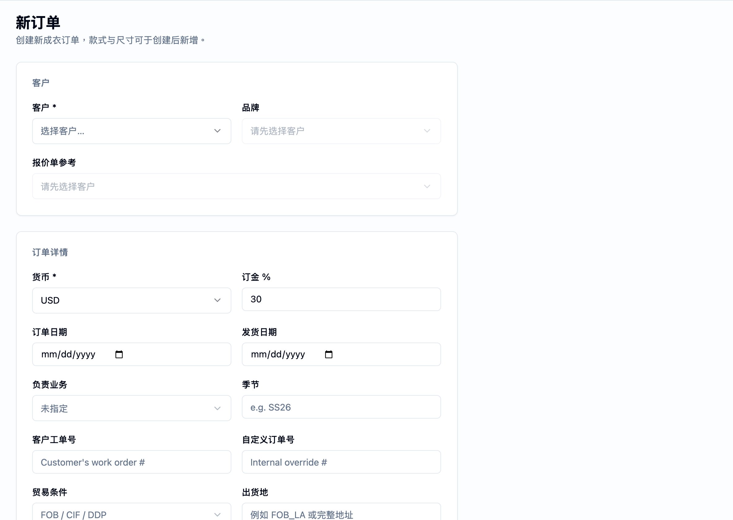 新订单表单。页面标题为 New Order,副标写『Create a new garment order — add styles and sizes after creation.』CUSTOMER 卡片承载 Customer(Select customer… 选择器、必填)、Brand(Select customer first)与 Quotation Reference(Select customer first)。其下 ORDER DETAILS 卡片承载 Currency(USD、必填)、Deposit %(30)、Order Date(mm/dd/yyyy)、Ship Date(mm/dd/yyyy)、Assigned Sales Rep(Unassigned)、Season(占位符 'e.g. SS26')、Customer WO No.(占位符 'Customer's work order #')、Custom Order No.(占位符 'Internal override #')、Trade Term(FOB / CIF / DDP 选择器)与 Destination (出货地)(占位符 'e.g. FOB_LA or full address')。