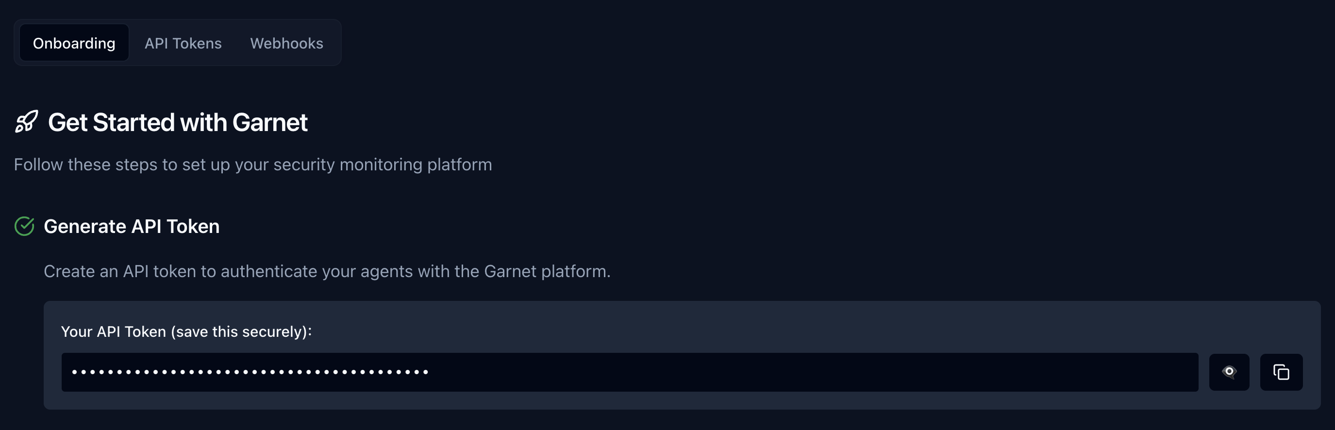 Generate API token in Garnet dashboard