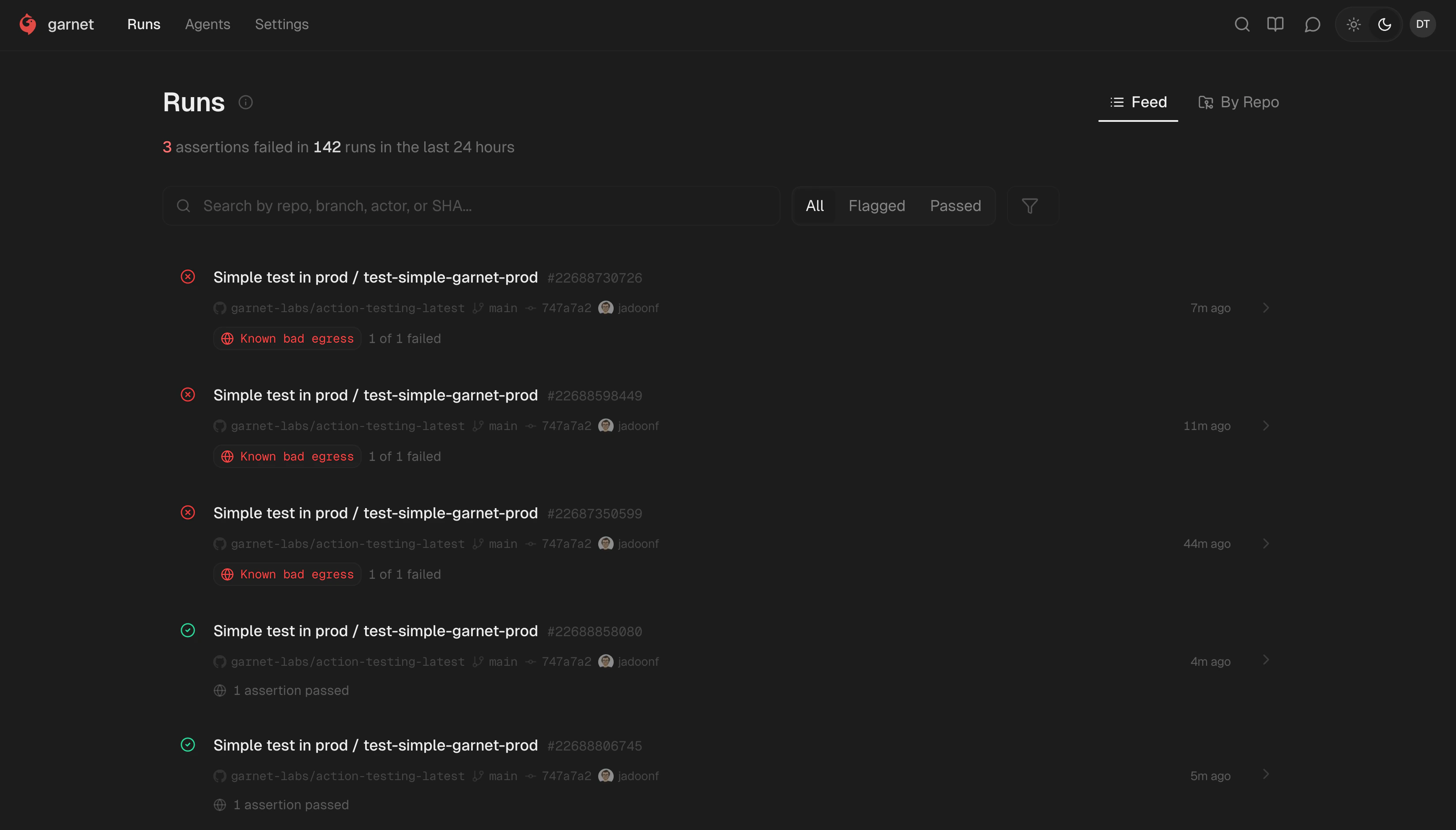 Runs feed in the Garnet dashboard