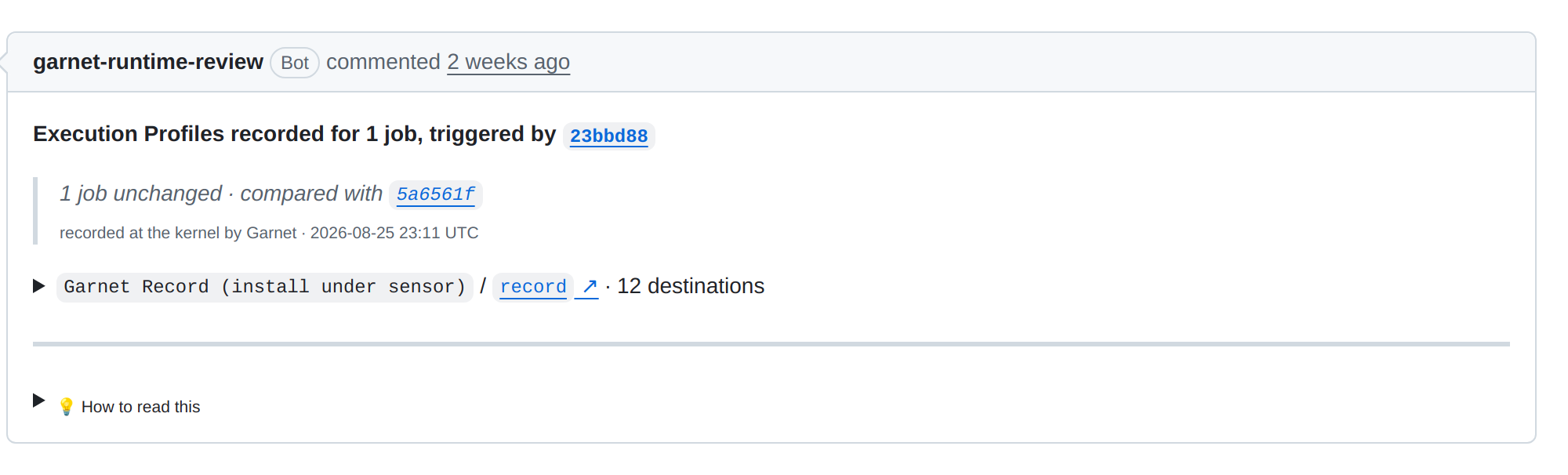 The Runtime Review comment on garnet-runtime-review-reference#29, folded: headline for 1 job at 23bbd88, 1 job unchanged compared with 5a6561f, one job row with 12 destinations