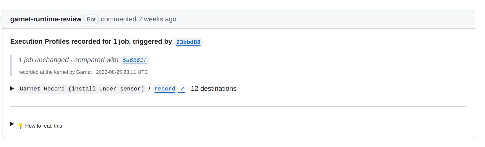 The Runtime Review comment on garnet-runtime-review-reference#29, folded: headline for 1 job at 23bbd88, 1 job unchanged compared with 5a6561f, one job row with 12 destinations