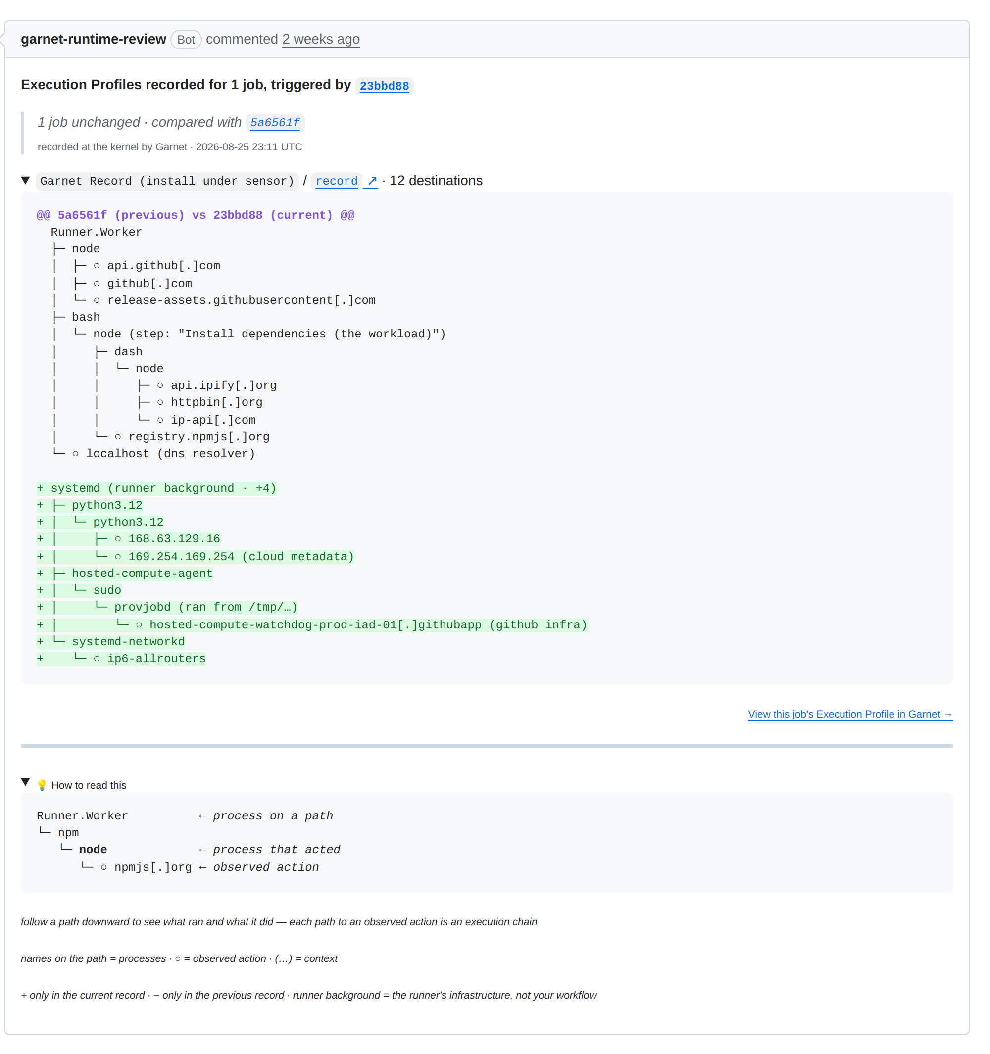 The Runtime Review comment on garnet-runtime-review-reference#29: one job, 12 destinations, compared with 5a6561f. Under the install step, node reached api.ipify[.]org, httpbin[.]org and ip-api[.]com