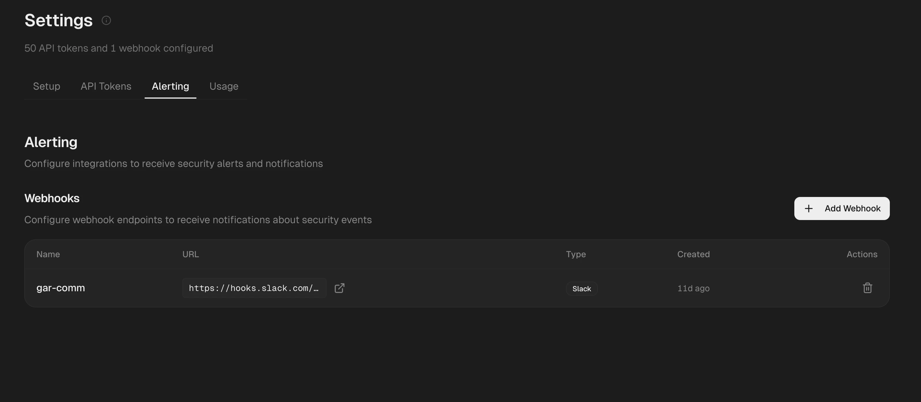 Settings Alerting tab with webhook configuration