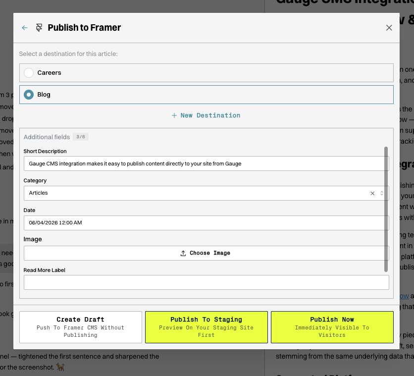 Publish dialog with a destination list and Create Draft, Publish to Staging, and Publish Now options