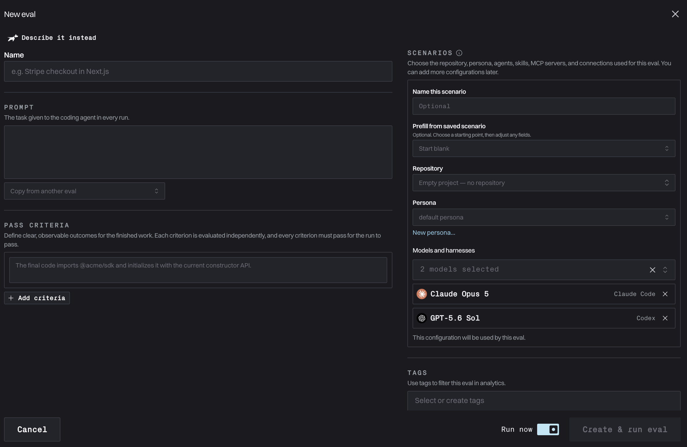 New eval form with fields for name, prompt, pass criteria, repository, persona, models and harnesses, and tags