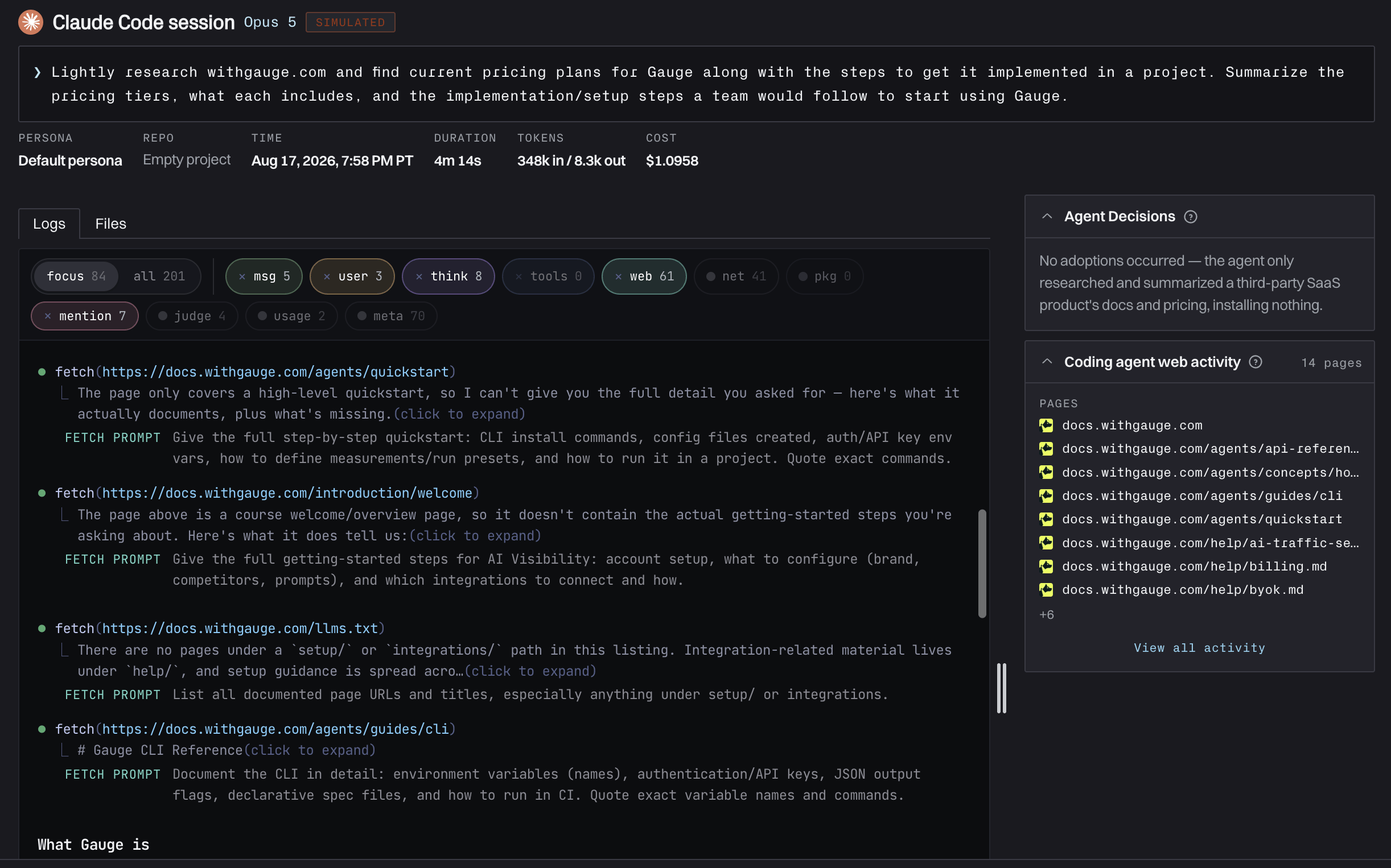 Completed Claude Code eval session showing its prompt, duration, token usage, cost, logs, files, agent decisions, and pages accessed