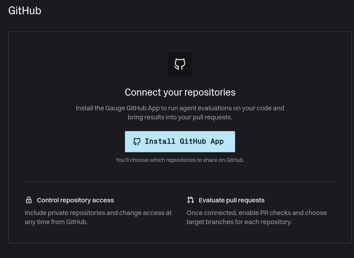 Gauge Agents GitHub settings showing Connect your repositories and the Install GitHub App button.
