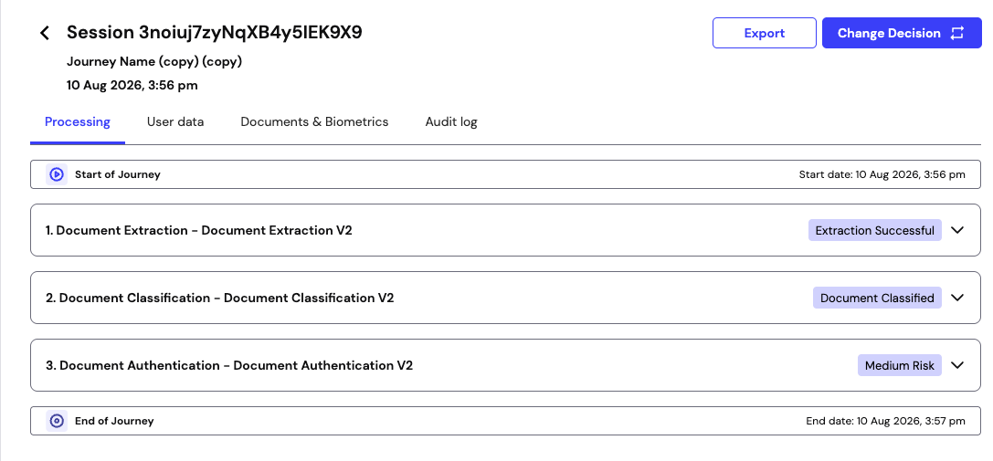 Session details showing Document Extraction, Document Classification, and Document Authentication, each with its own outcome