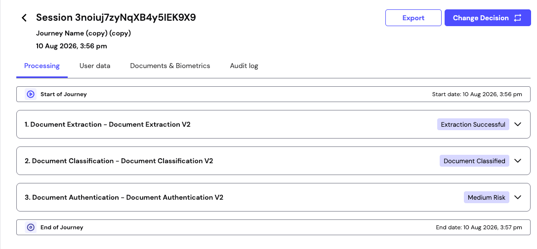 Session details showing Document Extraction, Document Classification, and Document Authentication, each with its own outcome