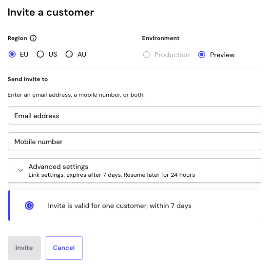 Invite a customer dialog box