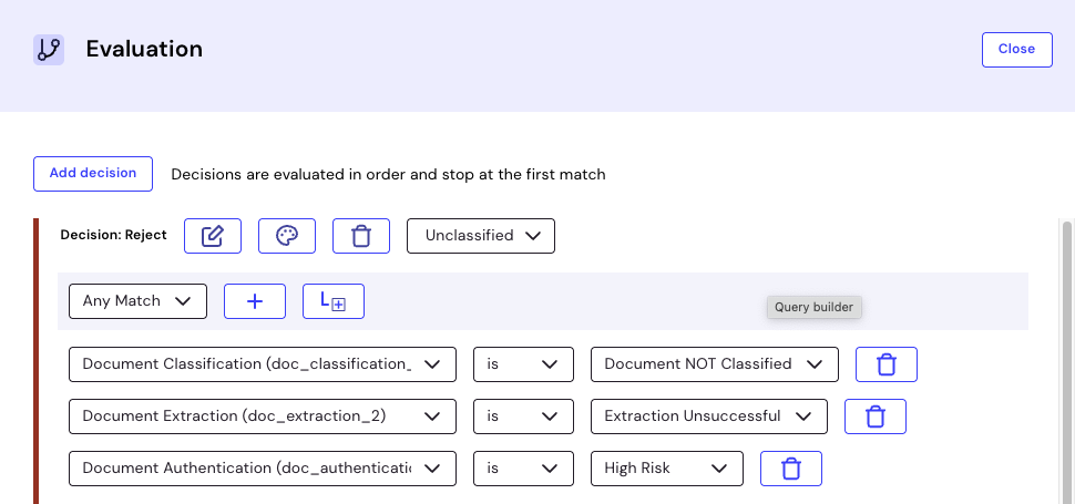 The Evaluation configuration panel showing a Reject decision with Any Match and three conditions, one for each document module