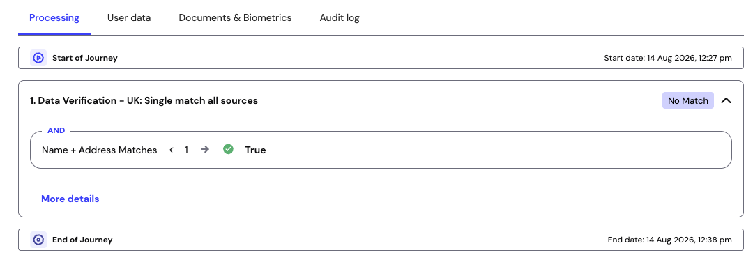 Session details for Data Verification showing a rule for name and address matches returning True, with a No Match outcome
