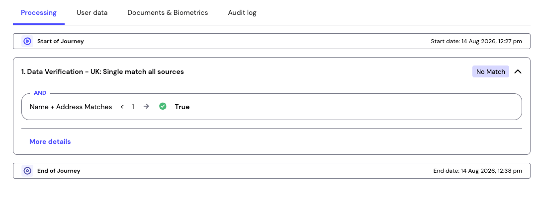 Session details for Data Verification showing a rule for name and address matches returning True, with a No Match outcome