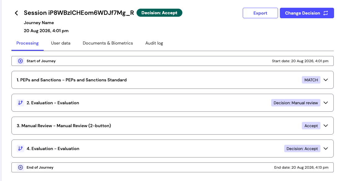 The completed session showing an Accept decision and an end date