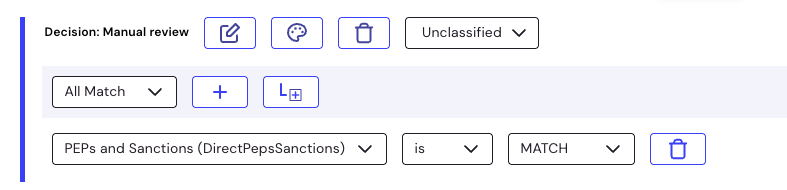 The Manual review decision configured to apply when PEPs and Sanctions is MATCH