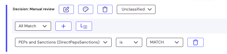 The Manual review decision configured to apply when PEPs and Sanctions is MATCH